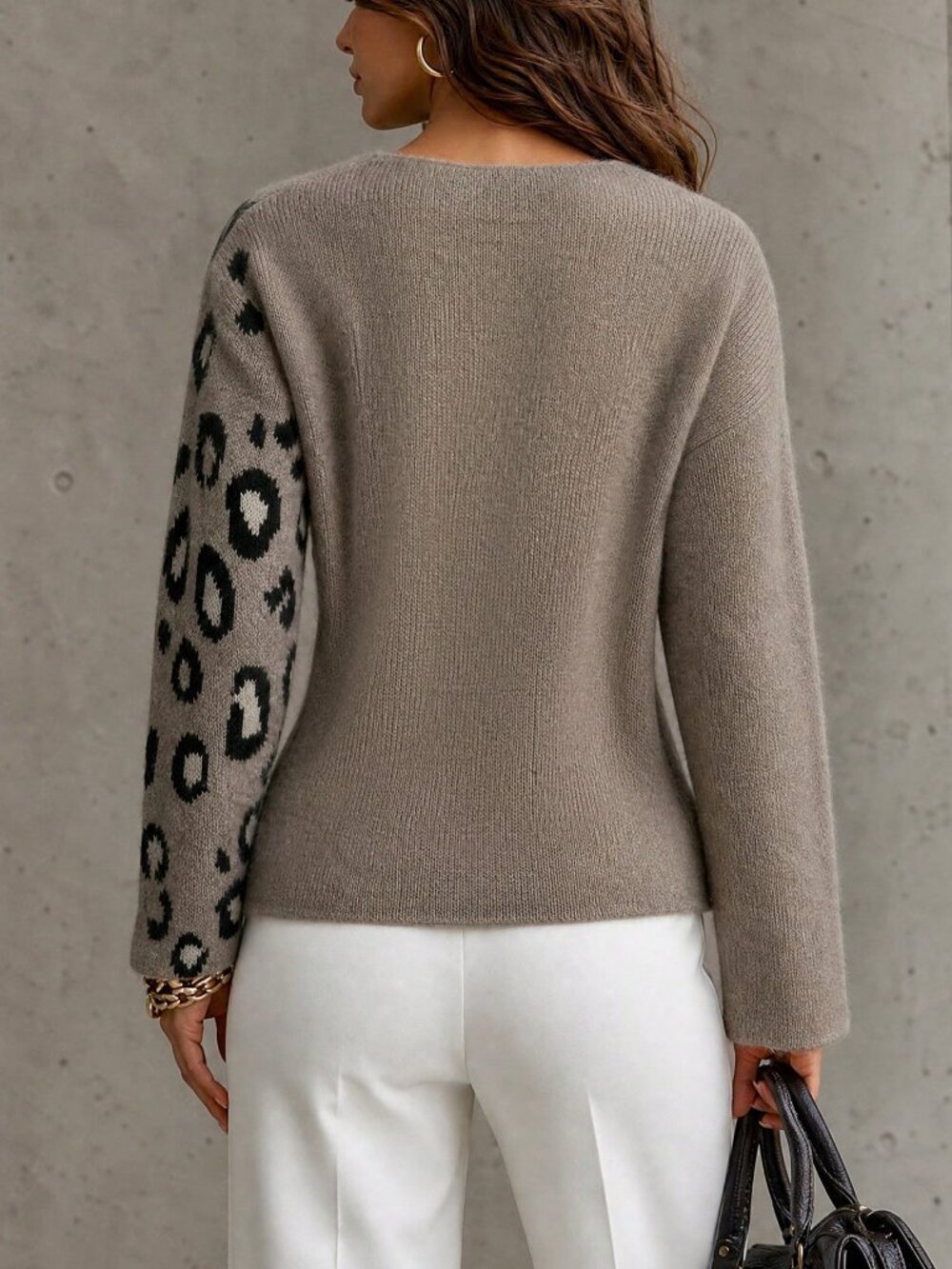 Casual Women's Leopard Print Knit V-Neck Tie Waist Long Sleeve Sweater - Picture 2 of 6